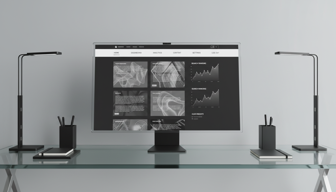 An elegantly designed, monochrome website homepage is pictured on a razor-thin widescreen display, highlighting a dashboard filled with generative blog content, search ranking graphs, and streamlined navigation bars. The display stands atop a minimalist frosted-glass desk, flanked by sharp-edged contemporary organizers. The background is a seamless, subtle gradient wall in soft greys, providing a neutral and professional backdrop. Precision LED desk lamps produce a cool, even glow, eliminating harsh contrasts and complementing the refined aesthetic. The image is captured head-on at eye level with strong symmetry and sharp focus, communicating order, trustworthiness, and advanced digital sophistication through photographic realism and a structured, corporate composition.