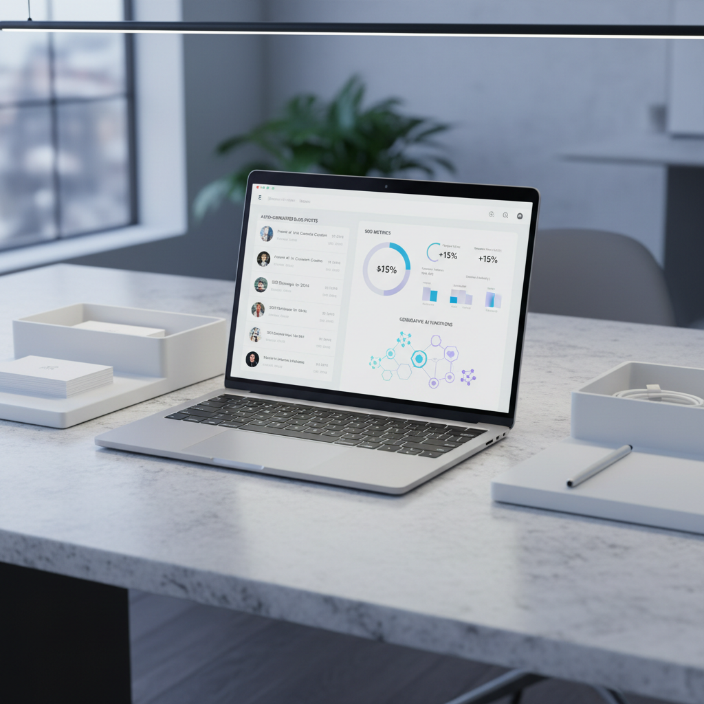 A slim, softly-lit laptop with a brushed silver finish sits open in the center of a spacious, pristine workspace. On its screen, a sophisticated dashboard showcases auto-generated high-quality blog posts, SEO metrics, and generative AI icons, all arranged in an uncluttered, balanced interface. The laptop is framed by understated, structured organizational trays in matte white and pale greys on a smooth stone surface. Ambient LED task lighting casts a steady, cool light across the scene, highlighting the textures of metal and stone while keeping shadows to a minimum. Captured from a slightly raised, three-quarters perspective, the composition emphasizes order, clarity, and innovation. The image embraces a photographic, minimalistic style with a distinctly corporate atmosphere, perfectly aligned with a professional SaaS environment.