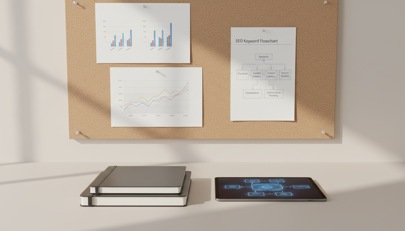 A tidy, neutral-toned workspace features a neat stack of hardcover business notebooks with metallic edges, precisely aligned beside a closed, slim tablet displaying an AI-generated content workflow. Behind, a muted cork board showcases pinned analytic graphs and SEO keyword flowcharts printed on crisp white stock. Soft, diffused daylight enters from an unseen window, subtly illuminating the workspace and casting faint, structured linear shadows for depth. An overhead shot with balanced framing captures all elements in sharp detail, presenting a polished, orderly environment. The photographic style focuses on clarity, structured layouts, and clean design, reinforcing the professional, high-performance ethos of an AI-powered SEO SaaS platform.